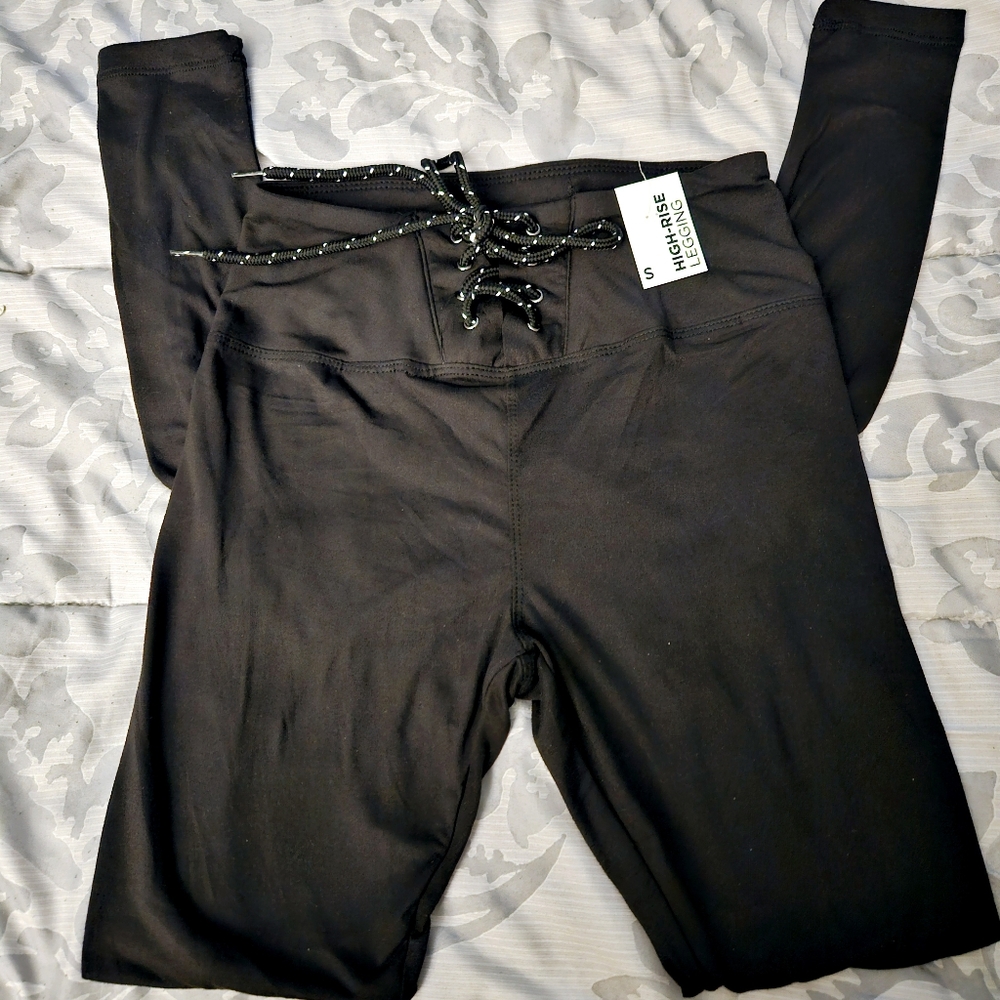 Black Lace Up Super Soft Mid Rise Leggings